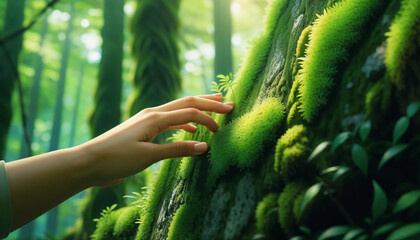 Hand Touching Moss-Covered Tree in Serene Forest