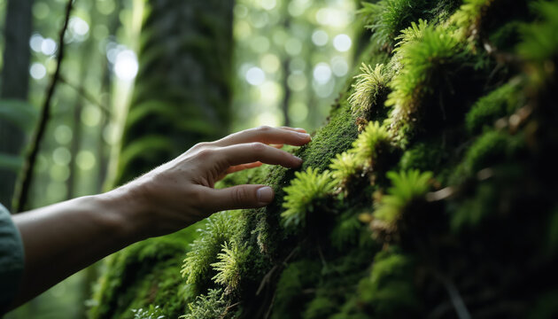Hand Touching Moss-Covered Tree in Serene Forest