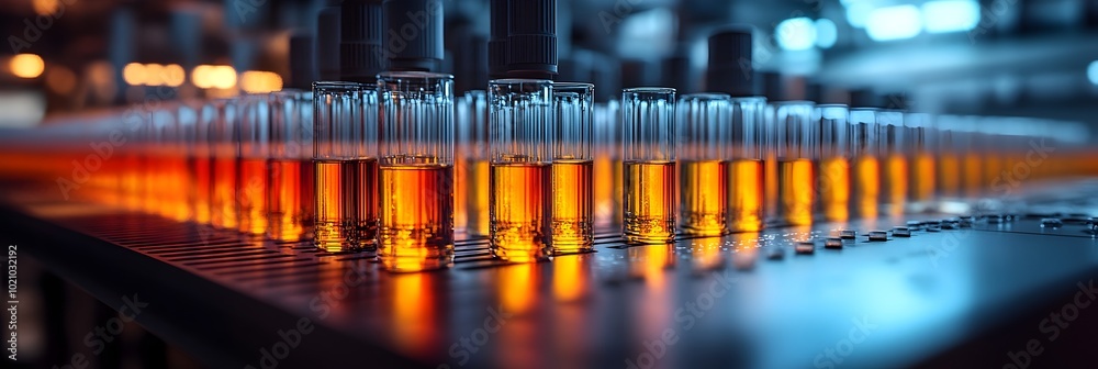 Aufkleber rows of glass test tubes filled with amber-colored liquid,arranged in a grid pattern on a tray in a 