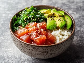 Delicious poke bowl with fresh tuna, avocado, seaweed, and rice, topped with sesame seeds.