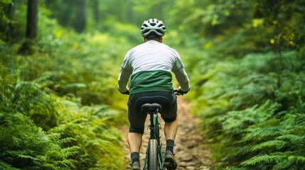 Fototapeta premium A cyclist navigates through a lush forest trail, surrounded by vibrant greenery, enjoying a peaceful outdoor adventure.