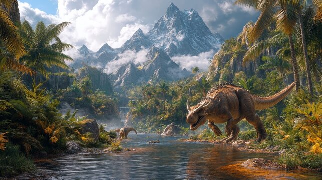 Fototapeta Exploring a vibrant prehistoric landscape inhabited by dinosaurs near a winding river