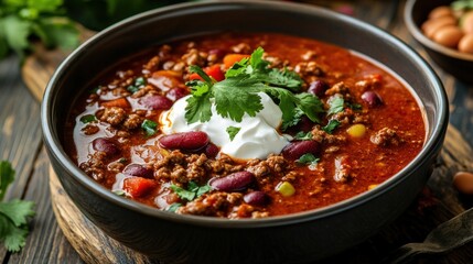 A hearty bowl of chili con carne topped with sour cream and cilantro, offering a burst of flavors and vibrant colors.