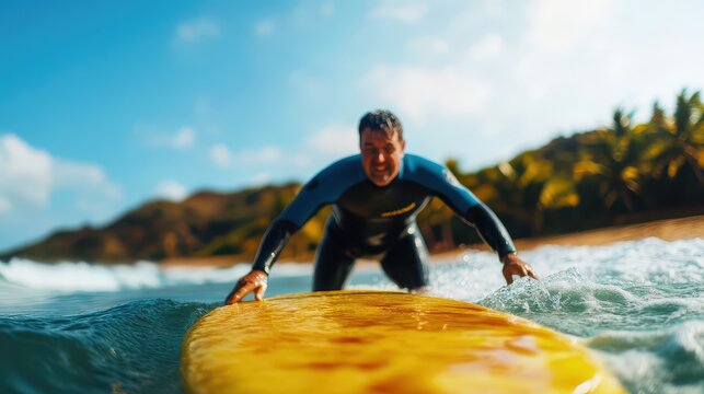 A determined surfer paddling on a vibrant yellow surfboard in clear blue water, surrounded by a stunning tropical landscape.