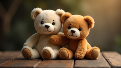 Obraz premium Adorable Small Stuffed Bears Sitting Together on a Well-Used Table, Radiating Warmth and Nostalgia in Their Companionship
