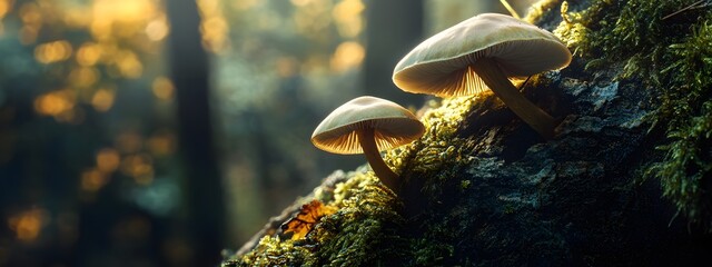 A close-up of two small mushrooms growing on the side of an old tree trunk, with moss covering its base and a blurred background