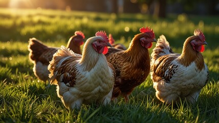 Fototapeta premium A flock of chickens in a green grassy field at sunset.