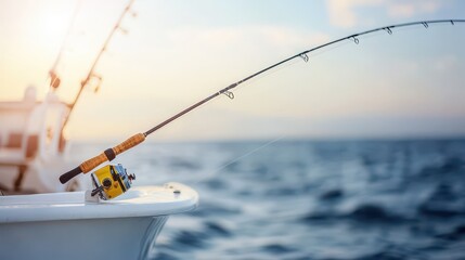 A fishing rod on a boat against the serene backdrop of the sea at sunset, highlighting the joy of fishing adventures.