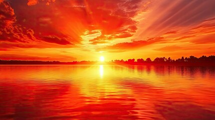 Fototapeta premium A beautiful red sunset over a calm lake, with the sky ablaze in fiery hues reflected in the water