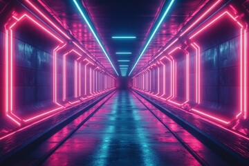 A neon tunnel with blue and pink lights