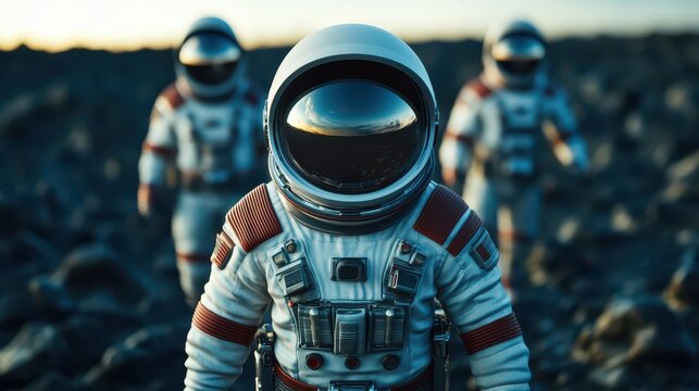 A group of astronauts explores an alien landscape, showcasing human curiosity and the spirit of discovery beyond Earth.