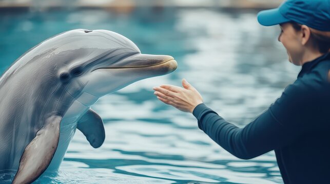A joyful interaction between a trainer and a dolphin in a serene aquatic environment, showcasing connection and marine life.