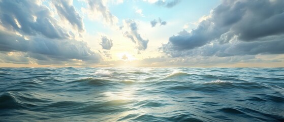 Obraz premium Peaceful sea at sunrise with vibrant clouds and gentle waves creating a serene atmosphere.