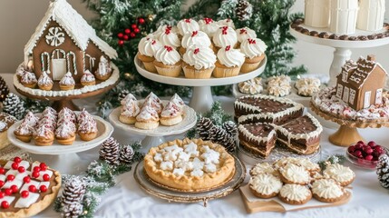 A beautifully decorated holiday dessert table, filled with Christmas cookies, pies, and gingerbread houses