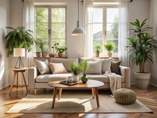 Fototapeta premium Bright and airy living room showcasing natural light, adorned with minimalist decor, creating a serene and cozy ambiance perfect for unwinding and