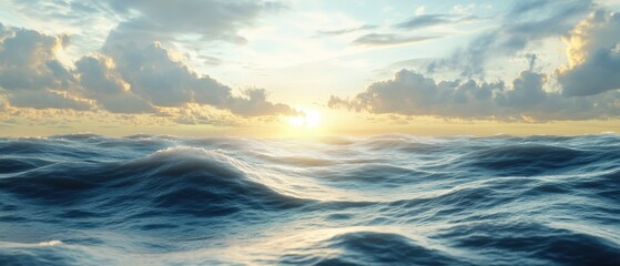 Golden sunrise over a tranquil ocean with gentle waves and clouds.