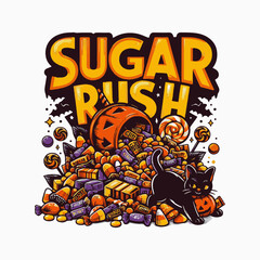 Sugar Rush quote illustration for t shirt design. Halloween Candy Rush vector editable eps file for printing.  candy with black cat