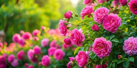 Fototapeta premium A vibrant rose bush with blossoms of pink and green leaves in a garden setting, showcasing the beauty of nature's delicate details.