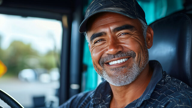 Pacific Islander Man Truck Driver - smiling, man, truck driver, portrait, happy, vehicle, professional, transportation, industry, mature man, working man, close-up, friendly
