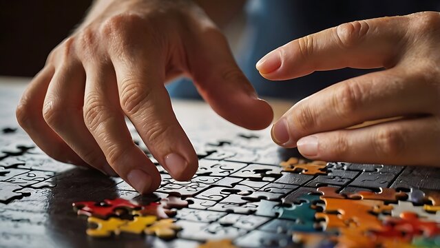 A close-up of hands working on a jigsaw puzzle, symbolizing creative problem solving and innovative thinking through piecing together solutions.
