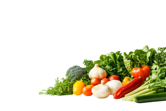 Fresh vegetables including tomatoes, lettuce, and peppers arranged on a white background.