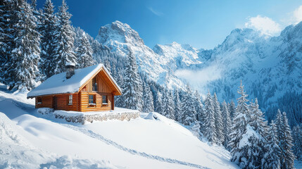 A wooden cabin nestles amidst snowy mountains, with frosted trees surrounding it, capturing the serene beauty and stillness of a winter wonderland.