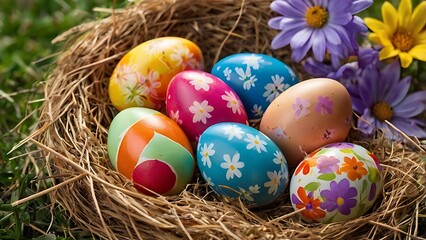 Obraz premium A collection of brightly painted Easter eggs resting in a straw nest, surrounded by soft spring flowers, creating a vibrant and festive scene. 