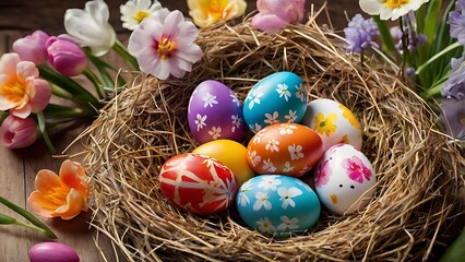 Fototapeta premium A collection of brightly painted Easter eggs resting in a straw nest, surrounded by soft spring flowers, creating a vibrant and festive scene. 