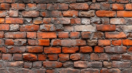 Obraz premium Weathered red brick wall, expansive panorama showcasing the texture and character of aged masonry, perfect for backgrounds or artistic projects.