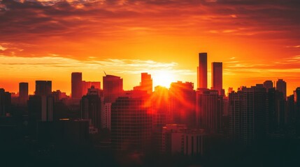 Naklejka premium Captivating city skyline silhouetted against a vibrant orange sunset, creating a stunning urban landscape.