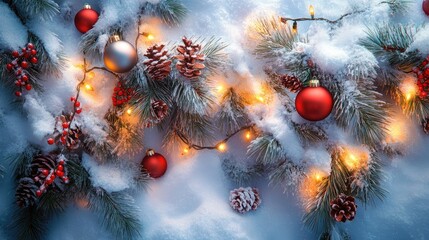 Snowy pine branches adorned with Christmas lights and ornaments, symbolizing the happiness and new beginnings of the holiday season.