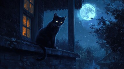 Obraz premium A black cat sitting on a porch at night, its glowing eyes reflecting the light of a full moon