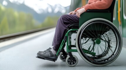 Obraz premium A person in a wheelchair waiting at a scenic train station, highlighting accessibility and mobility in transportation.