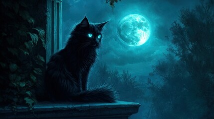 Obraz premium A black cat sitting on a porch at night, its glowing eyes reflecting the light of a full moon