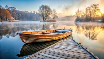 Obraz premium Vintage wooden rowboat covered in frost moored to tranquil lake dock on foggy morning