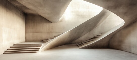 A large, open space with a spiral staircase leading up to a balcony