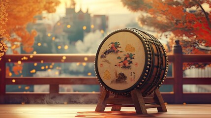 Naklejka premium A captivating 3D depiction of a Japanese taiko drum, illustrating its bold design and craftsmanship, surrounded by an artistic