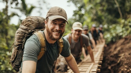 A cheerful hiker traverses a forest trail, showcasing teamwork and adventure in a lush green environment.