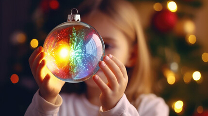 Fototapeta premium generated illustration of kid holding a rainbow christmas bauble