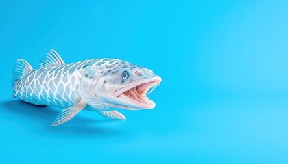 Naklejka premium A vibrant fish with an open mouth on a bright blue background.