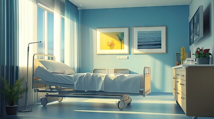 A clean and neat illustration of a hospital room featuring a comfortable bed, showcasing a calming environment for patients and a focus
