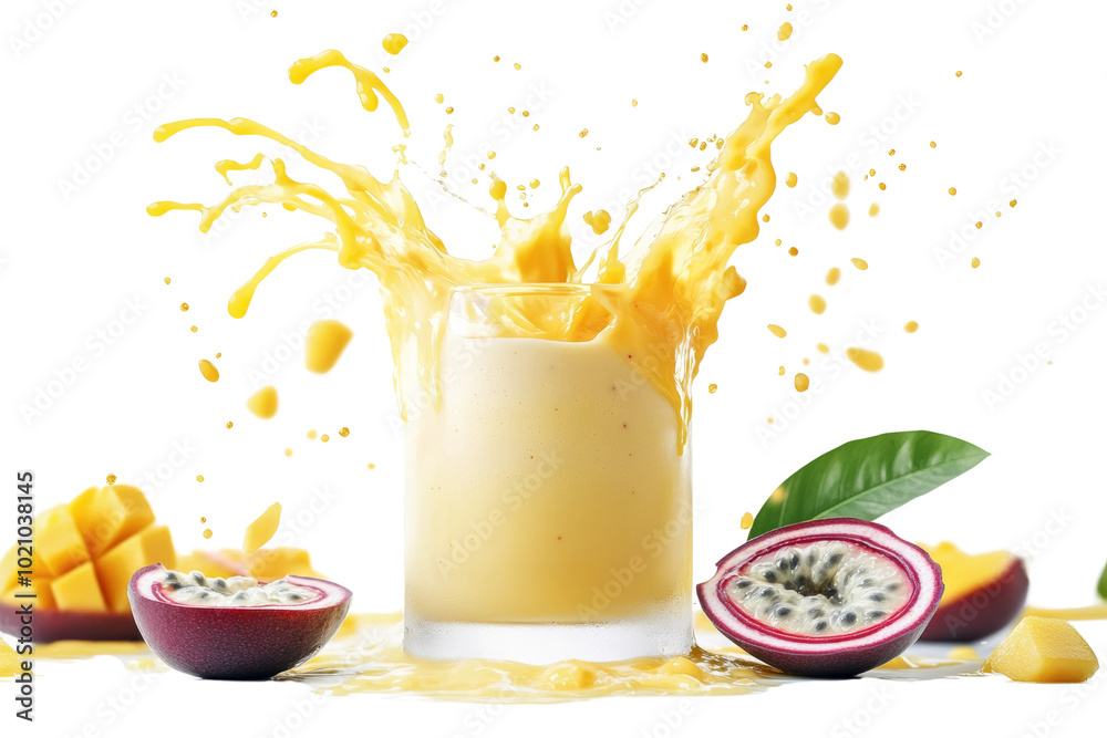 Poster refreshing mango smoothie with a splash, surrounded by fresh mango and passion fruit on a white back