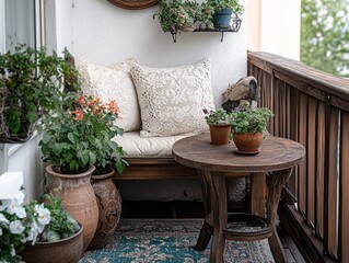 Fototapeta premium Charming vintage balcony with a small wooden table, lace cushions, and antique decorative pieces