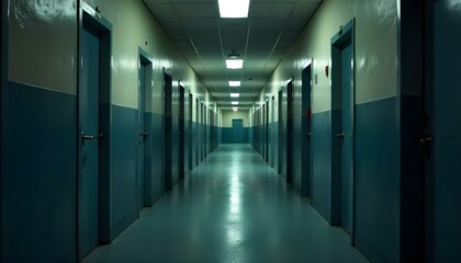 Interior of a prison hallway lit by ceiling lights, including rows of cells and secure doors