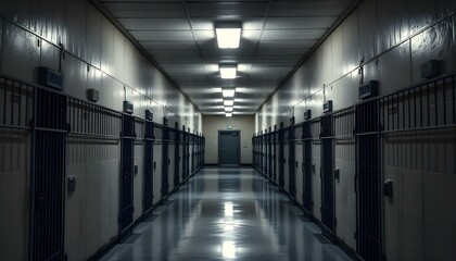 Interior of a prison hallway lit by ceiling lights, including rows of cells and secure doors