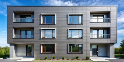 Fototapeta premium Modern gray building with large windows and balconies