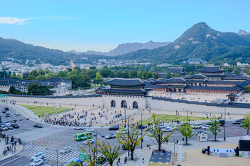 Aerial panoramic of Gyeongbokgung palace and the Blue House , Seoul, South Korea
