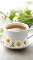 A cup of herbal tea with chamomile flowers on the saucer, sitting in an elegant teacup