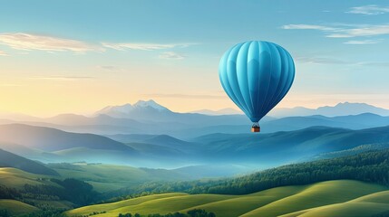 Fototapeta premium A bright blue hot air balloon floating above a green valley, with a clear sky and mountains in the background.