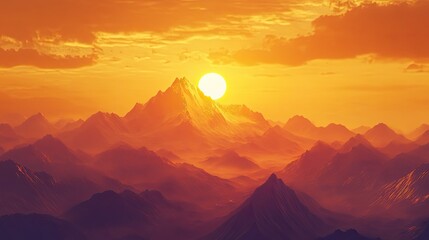 Fototapeta premium A bright orange sunset casting warm light over a serene mountain landscape